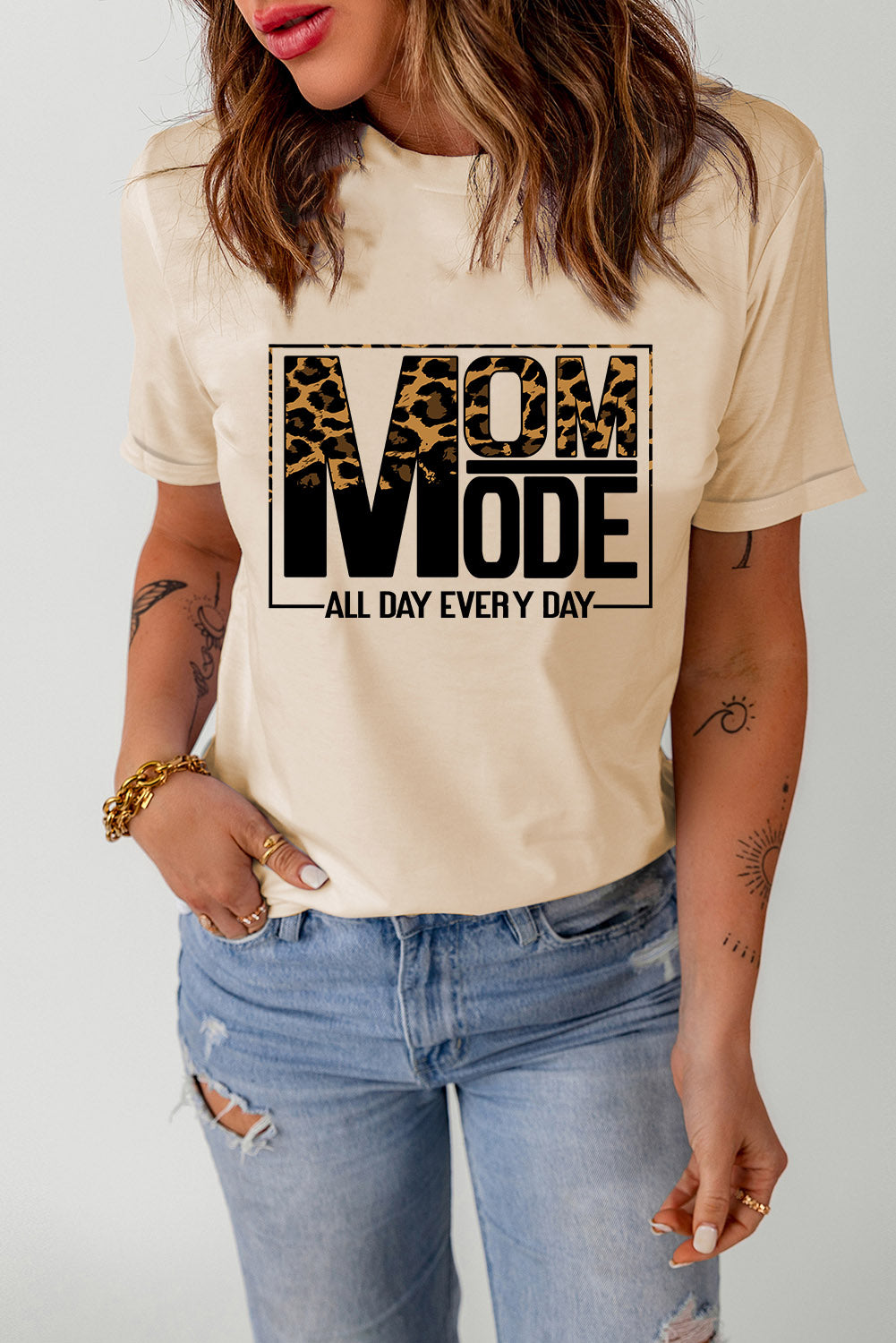 Mom Mode Leopard print Round Neck Tee Shirt