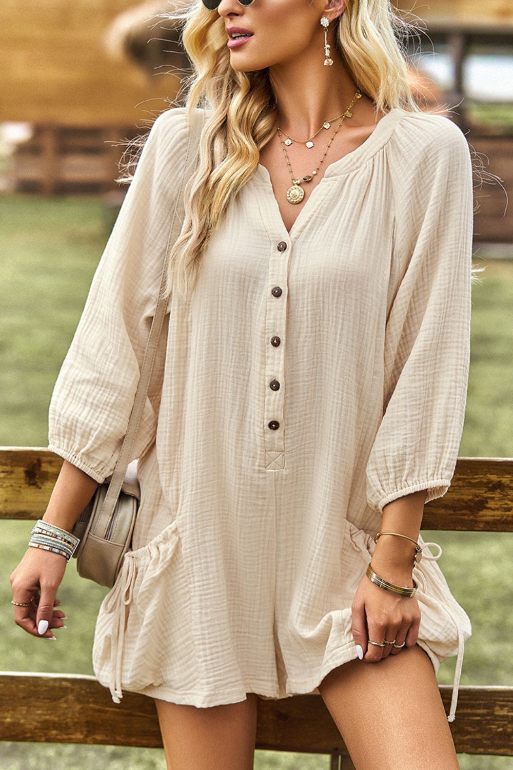 Textured Notched Neck Romper with Pockets